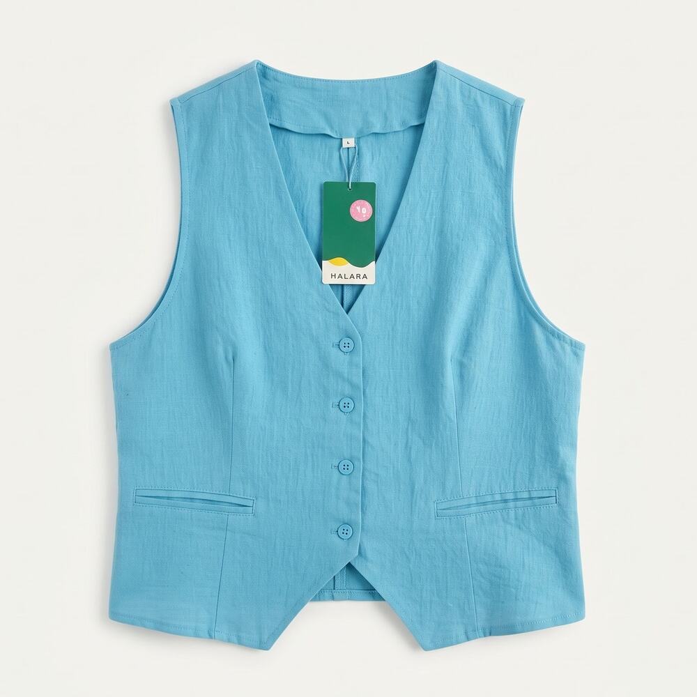 NWT Halara Womens L Coastal Preppy Tailored Linen V-Neck Button-Front Waistcoat